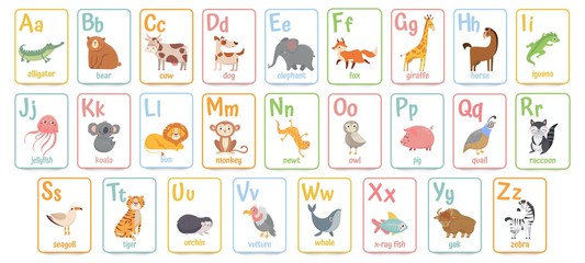 alphabet cards for kids. educational preschool learning abc card with animal and letter cartoon vect