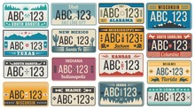Car Number License Plate. Retro USA Cars Registration Number Signs, Texas, Wisconsin And Kansas License Plates Vector Illustration Set. Collection Of Vintage Design Elements With Names Of US States.