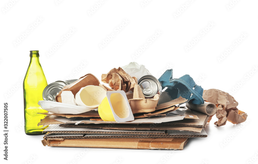 Different garbage on white background. Recycling concept