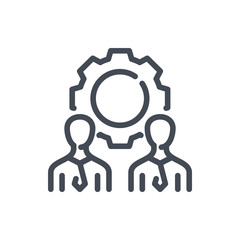 Poster - Business development and training line icon. Team with gear vector outline sign.