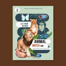 Zoo Poster Design With Lion, Tiger, Deer Watercolor Illustration.