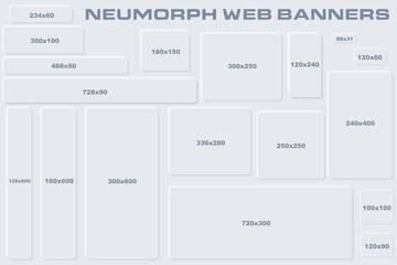 Wall Mural - Standard Size Neumorphic UI Web Banners Templates. Skeuomorph Trend Design. Editable Vector Elements.