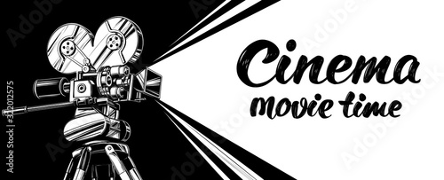 Fotografía cinema logo festival, vintage old movie camera, , calligraphic text hand drawn v