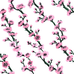 Pattern, texture, handmade brush. Blooming branch of may plum tree, sakura. Ink graphic image. Oriental, chinese, japanese, korean style. Color Set of flowers in ink.Textiles, wallpaper, wrapping pape