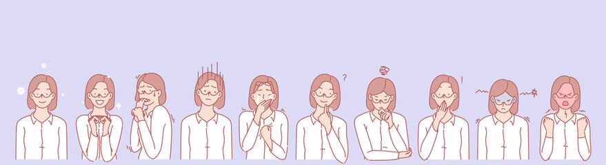 Womans emotions and facial expression set