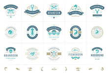 Seafood Logos Or Signs Set Vector Illustration Fish Market And Restaurant Emblems Templates Design