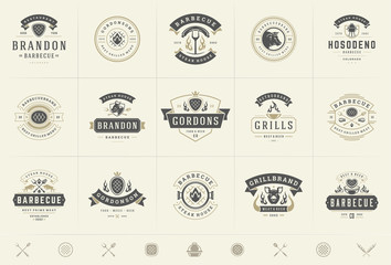 Wall Mural - Grill and barbecue logos set vector illustration steak house or restaurant menu badges with bbq food silhouettes