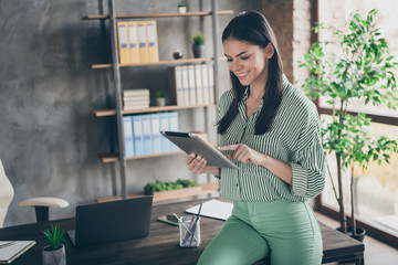 Wall Mural - Portrait of her she nice attractive cheerful cheery focused busy smart clever lady expert shark using e-book at modern industrial brick loft interior style work place station indoors