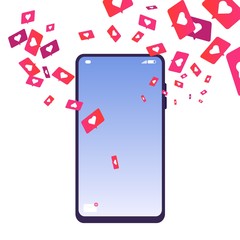 Poster - likes addiction. phone with likes, social media addiction. vector isolated smartphone and notificati