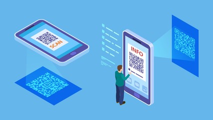 Wall Mural - QR code verification. Isometric barcode mobile scanning, customer makes paying with phone scanner. Info QR code vector illustration. Smartphone scanner, qr isometric online