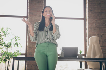 Wall Mural - Portrait of her she nice attractive cheerful successful lady HR ceo boss chief calling candidate inviting for interview at modern industrial brick loft interior style work place station