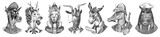 Fototapeta  - Animal characters set. Smoking Goat Llama skier Deer lady Walrus Crocodile Dog Donkey Alpaca. Hand drawn portrait. Engraved monochrome sketch for card, label or tattoo. Hipster Anthropomorphism.