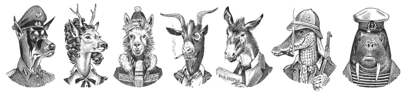 Fototapete - Animal characters set. Smoking Goat Llama skier Deer lady Walrus Crocodile Dog Donkey Alpaca. Hand drawn portrait. Engraved monochrome sketch for card, label or tattoo. Hipster Anthropomorphism.