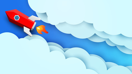 Wall Mural - Space red rocket fly in blue sky with clouds. Science concept inspiration. Paper art cartoon 3d realistic trendy craft style. Modern origami design template. Funny cute vector illustration.