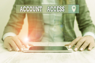 Fototapete - Text sign showing Account Access. Business photo showcasing having permission to use particular data on a computer Business woman sitting with mobile phone on the table