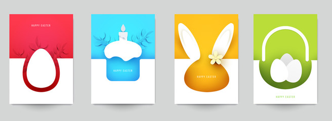 Wall Mural - Happy easter concept. Set holiday background for cover, invitation, poster, banner, flyer, placard. Minimal template design for branding, advertising in paper cut style. Vector illustration.