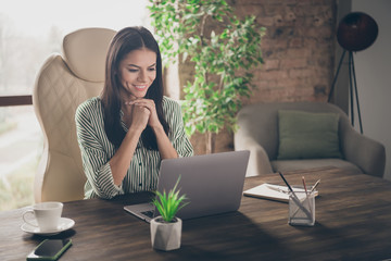 Wall Mural - Portrait of her she nice attractive smart clever intelligent cheerful cheery lady specialist expert shark watching video tutorial at modern industrial brick loft interior style work place station