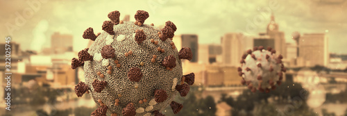 Fotomural coronavirus outbreak, health threatening virus in city environment, microbiology