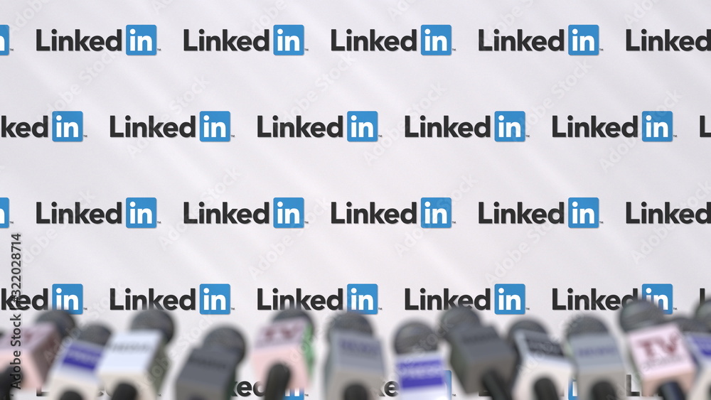 LINKEDIN company press conference, press wall with logo and mics ...