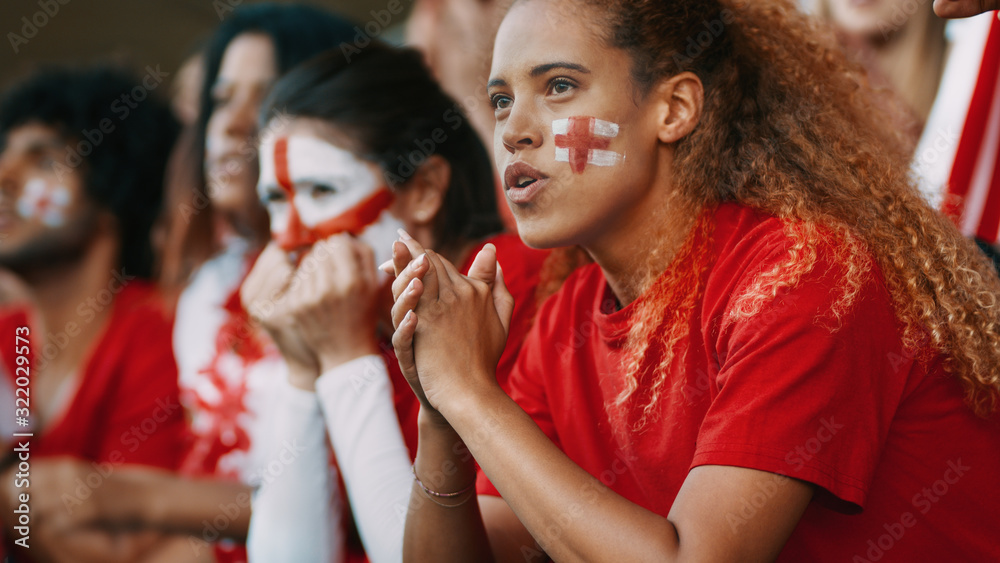 Group of English football team supporters in stadium - obrazy, fototapety, plakaty 
