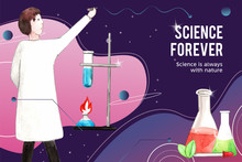 Science Frame Design With Scientist, Dropper, Erlenmeyer Flask Watercolor Illustration.