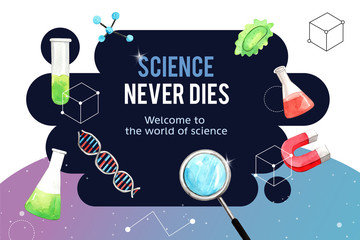 Science frame design with magnifying glass, test tube, magnet watercolor illustration.