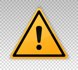 Attention sign. Warning caution board. Black exclamation mark in yellow triangle frame. Precaution message on banner. Alert icon isolated on background. Button to attract attention. Danger symbol 