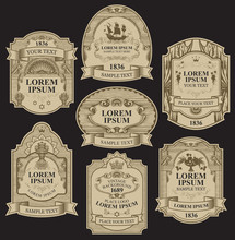 Vector Set Of Ornate Hand-drawn Labels In Figured Frames On The Black Background. Collection Of Vintage Labels Decorated By Ribbons, Crowns, Fruits, Curls With Place For Text And Logo