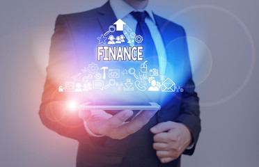 Poster - Writing note showing Finance. Business concept for Management of large government companies money amount Provide funds