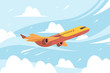 Airplane in sky. Flying civil aircraft transport in clouds vector flat background. Plane fly sin sky clouds, airplane flight transportation illustration