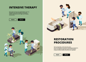 Poster - People rehabilitation. Doctor care to disabled person assistant show different exercises vector vertical banners. Illustration rehabilitation medical, doctor physiotherapist assistance recovery