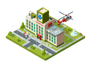 Sticker - Ambulance building. Emergency transport helicopter on hospital roof helipad vector healthcare isometric. Hospital building, ambulance and helicopter, architecture clinic illustration