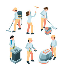 Poster - Cleaning service. Industrial clean machines dishes washes room service professional workers vector laundry. Cleaner home service, equipment domestic team, housework professional uniform illustration