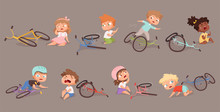 Broken Bicycle. Kids Fallen From Bike Unhappy Childrens Vector Accidents Illustrations. Bike Damaged Variation, Crash And Trouble