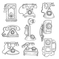 Poster - Retro telephone. Old ancient technology gadgets vector hand drawn communication objects. Retro old telephone, technology phone equipment illustration