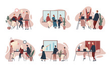 Various Colleagues Working Together In Offices. Vector Illustration