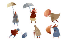 People Characters Walking In Windy Rainy Day With Umbrellas And Trying To Fight With Strong Wind Vector Illustrations Set