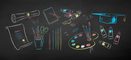 Wall Mural - Chalked illustration set of art students supplies