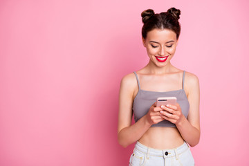 Wall Mural - portrait of positive cheerful girl use cell phone read social media news enjoy blogging comments sum