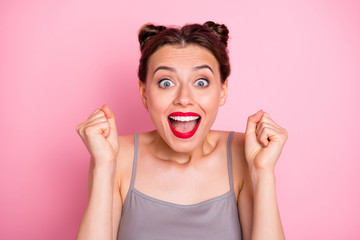 Poster - Close up photo of astonished funky girl hear wonderful win lottery news scream shout raise fists wear casual style summer clothing isolated over pastel color background