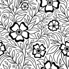 Poster - Hand drawn leaves. Flowers seamless pattern. Elegant spring and summer design. Floral elements for background prints, wedding invitations, wallpapers, textile, fabric. Black and white backdrop. Vector