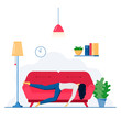 Vector concept of overworked woman slipping at home on red sofa
