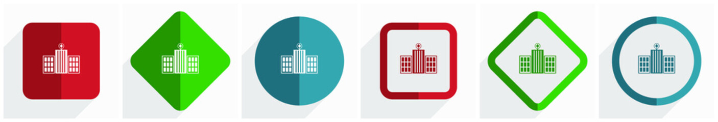 Aufkleber - Hospital building icon set, flat design vector illustration in 6 options for webdesign and mobile applications in eps 10