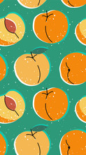 Hand Drawn Modern Illustration With Peach. Vintage Trendy Vector Seamless Pattern With Apricot In Vibrant Colors. Retro, Pin-up Repeating Texture.