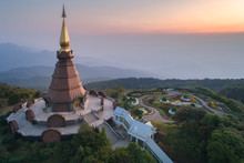 Aerial View (drone Shot) Of Noppamethanedol And Noppapol Phumsiri Pagoda Landscape View Show Mountain At Doi Inthanon National Park, Thailand.