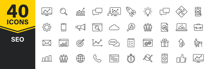 Poster - Set of 40 SEO and Development web icons in line style. Contact, Target, Website. Vector illustration.