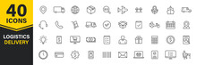 Set Of 40 Delivery And Logistics Web Icons In Line Style. Courier, Shipping, Express Delivery, Tracking Order, Support, Business. Vector Illustration.