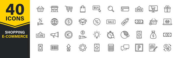 Wall Mural - set of 40 e-commerce and shopping web icons in line style. mobile shop, digital marketing, bank card