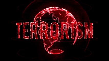 Poster - Terrorism text word, earth globe in background out of focus depth of field 3D animation	