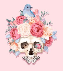 Wall Mural - Vector illustration with human skull and flowers